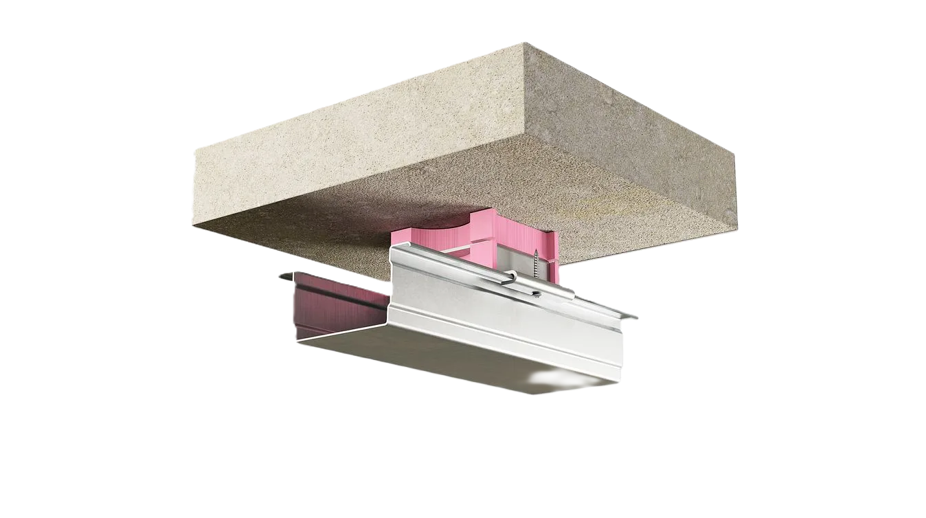 A sound isolation clip system installed on a ceiling with a concrete surface above