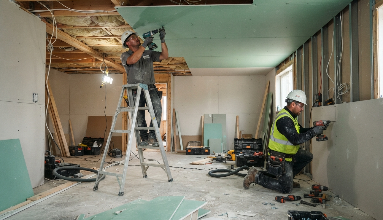 Crew screwing board to the ceiling and walls during a soundproofing build