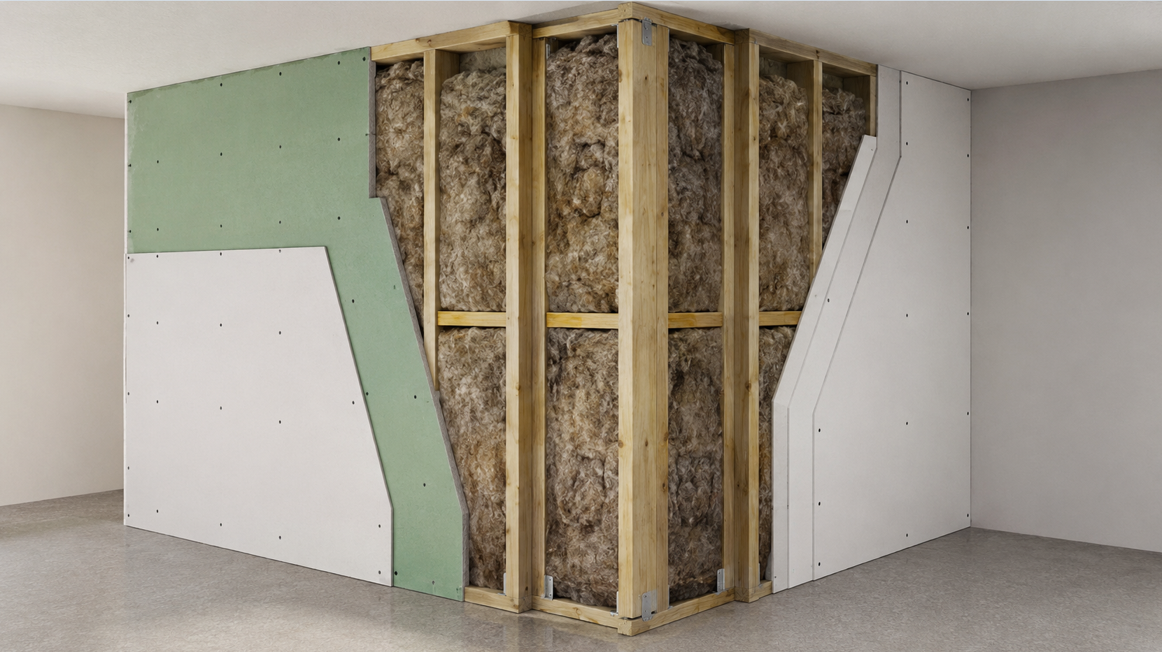 Cutaway wall assembly showing insulation, SONOpan layer and drywall face