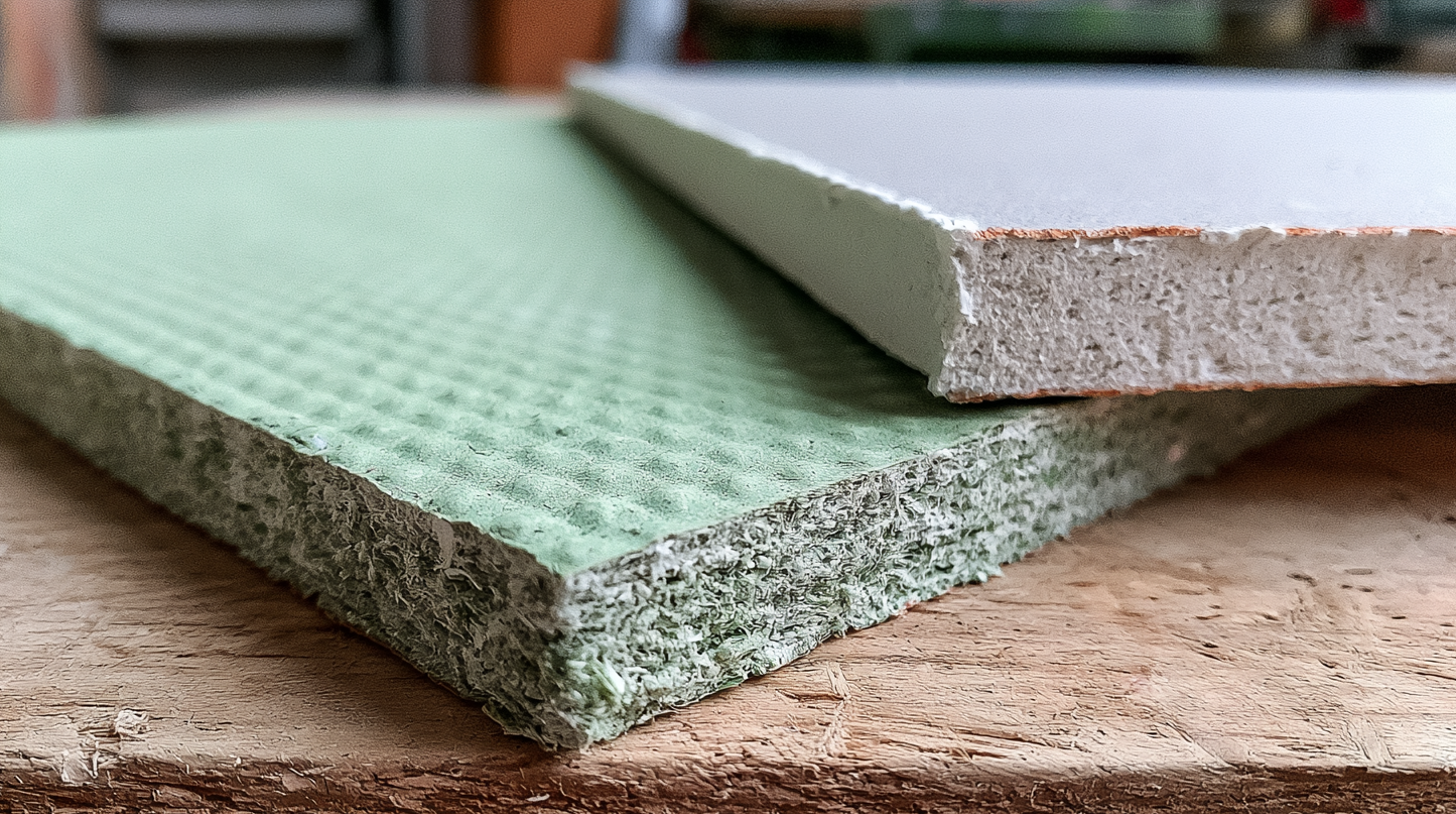 Edge comparison of a SONOpan wood fibre panel and a gypsum board