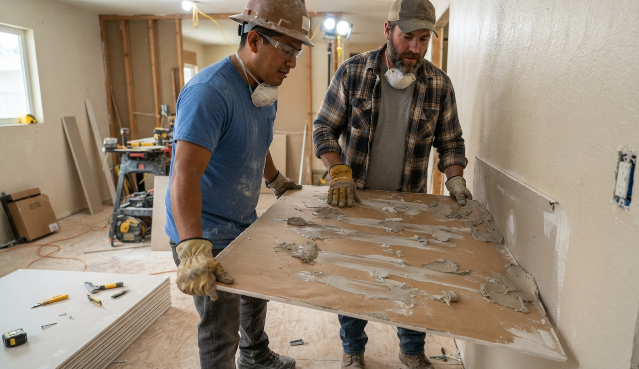 Two installers lifting a drywall sheet with adhesive onto a finished wall