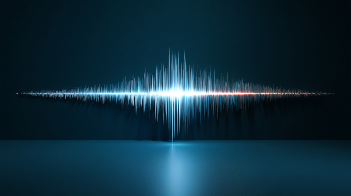 Sound wave visualization with glowing waveform on dark blue background