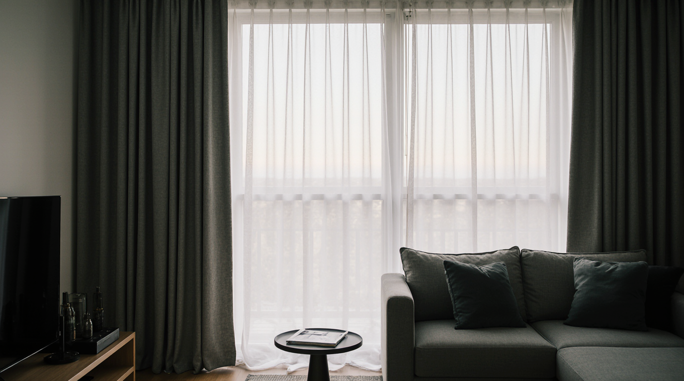 Living room with thick soundproof curtains and soft natural light