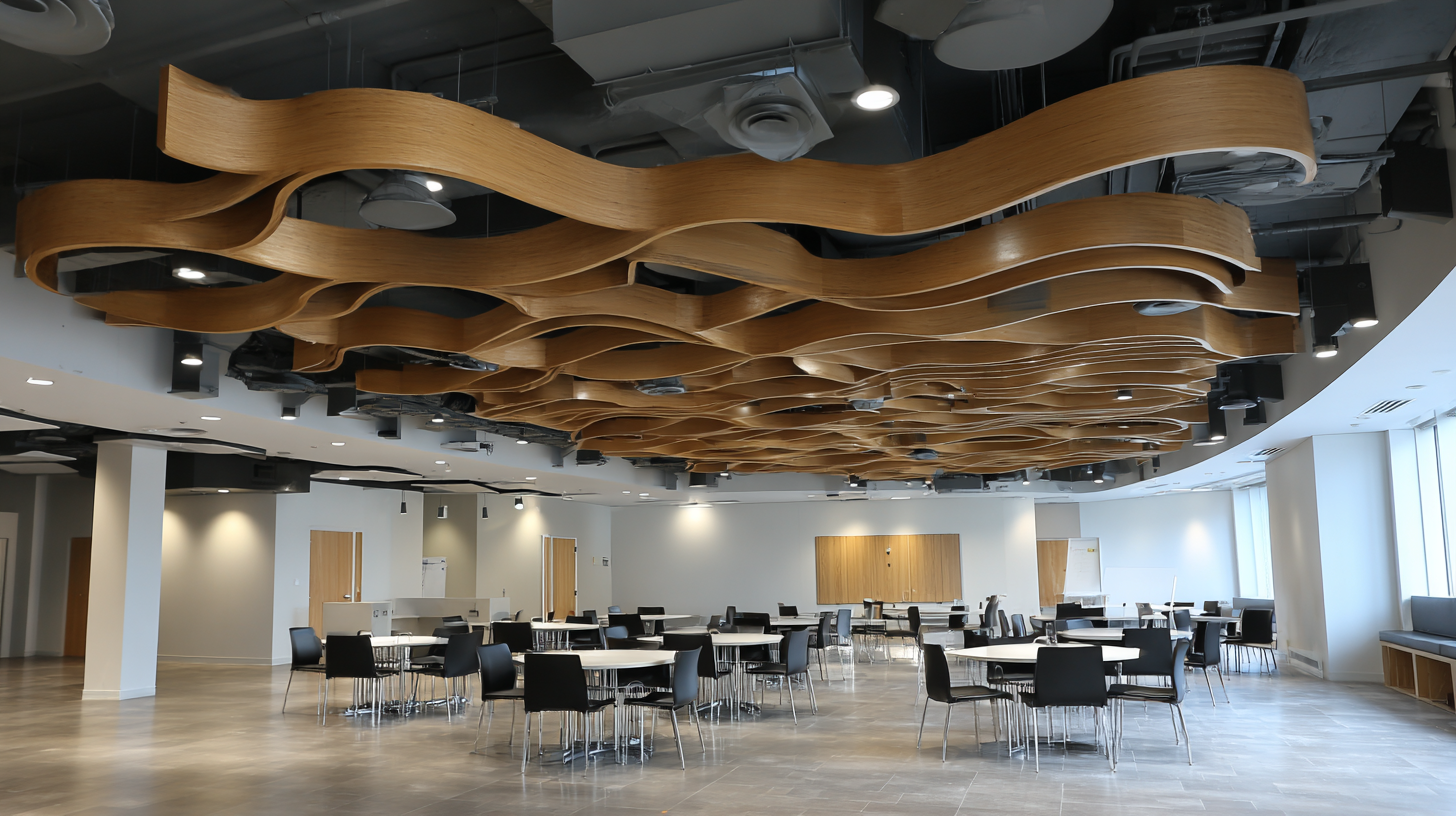 Open commercial space with suspended wood acoustic ceiling panels