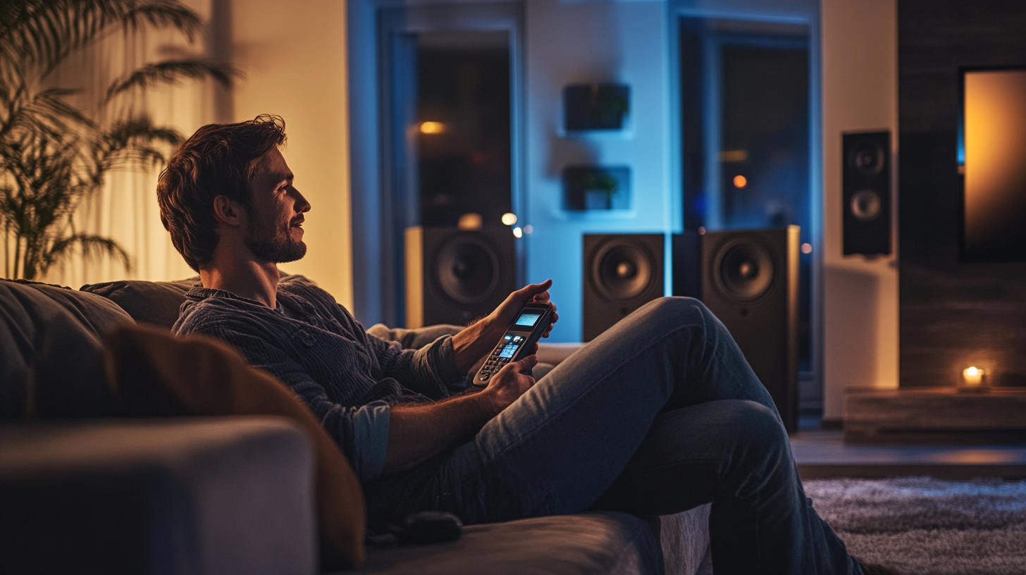 Man calibrating home theater speakers with an SPL meter