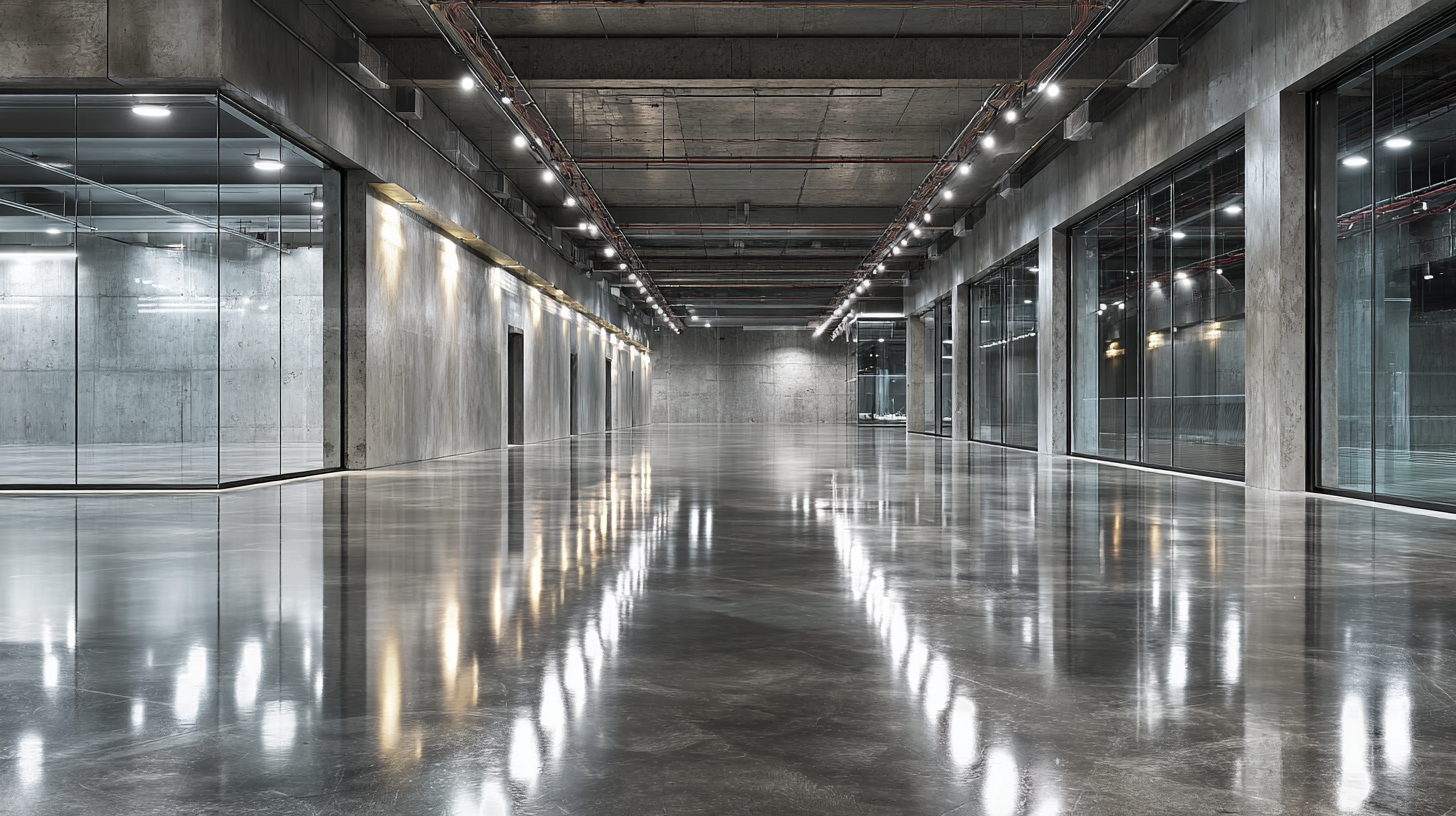 Industrial interior with polished concrete floor, bare concrete walls and large glass partitions