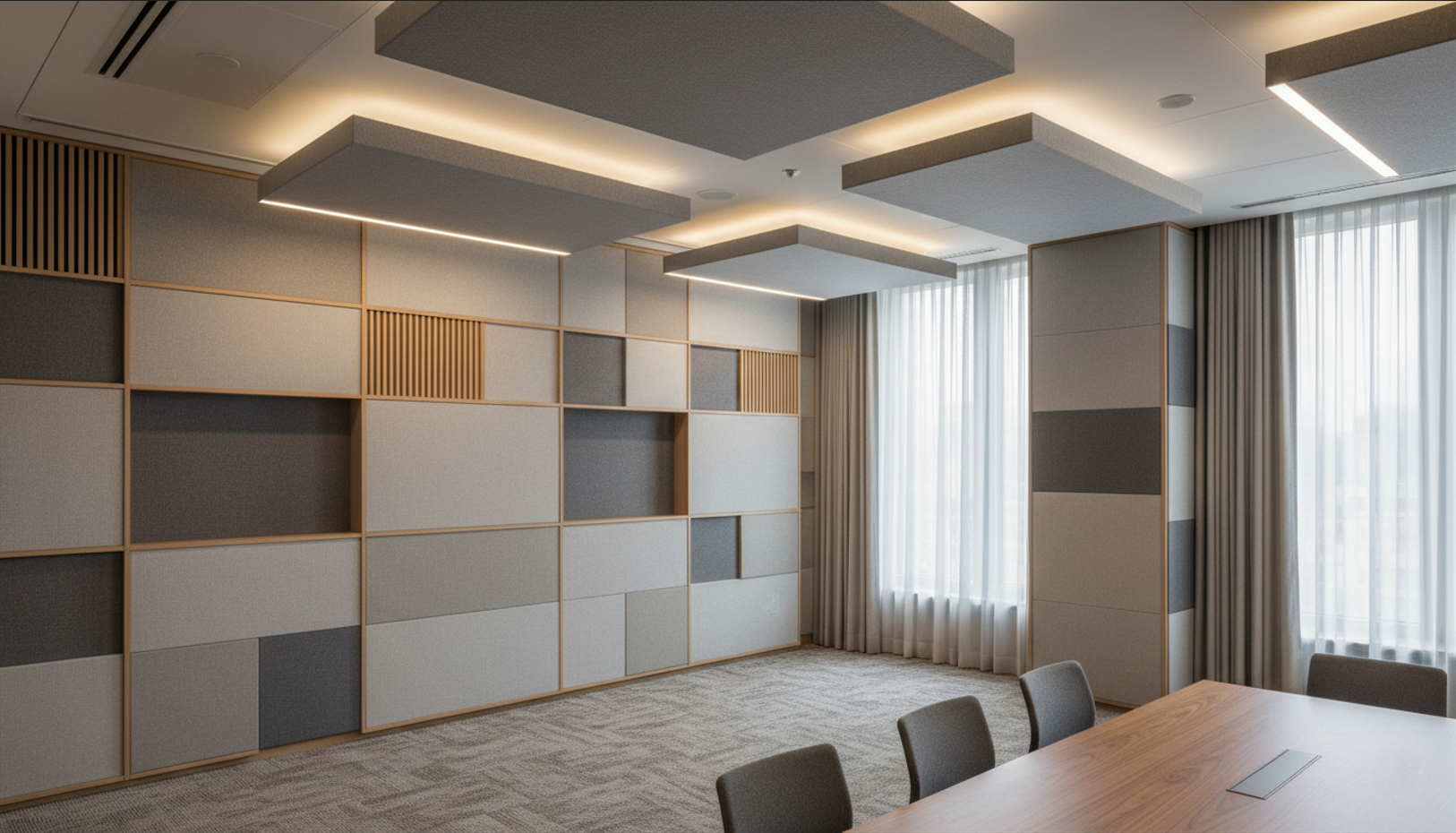 Conference room with acoustic ceiling clouds, fabric wall panels and carpet tile flooring