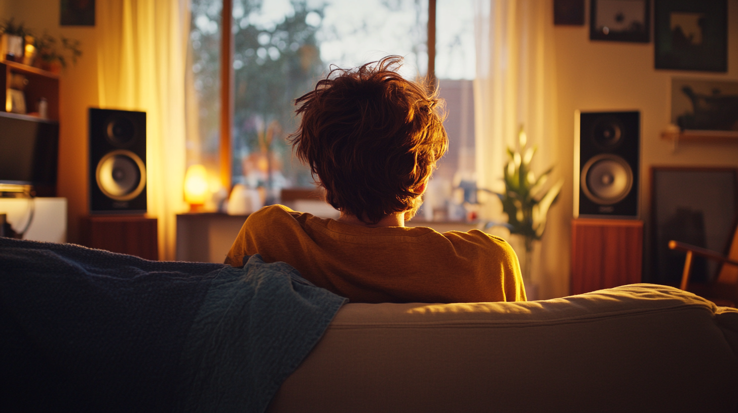 Man listening to music between two stereo speakers
