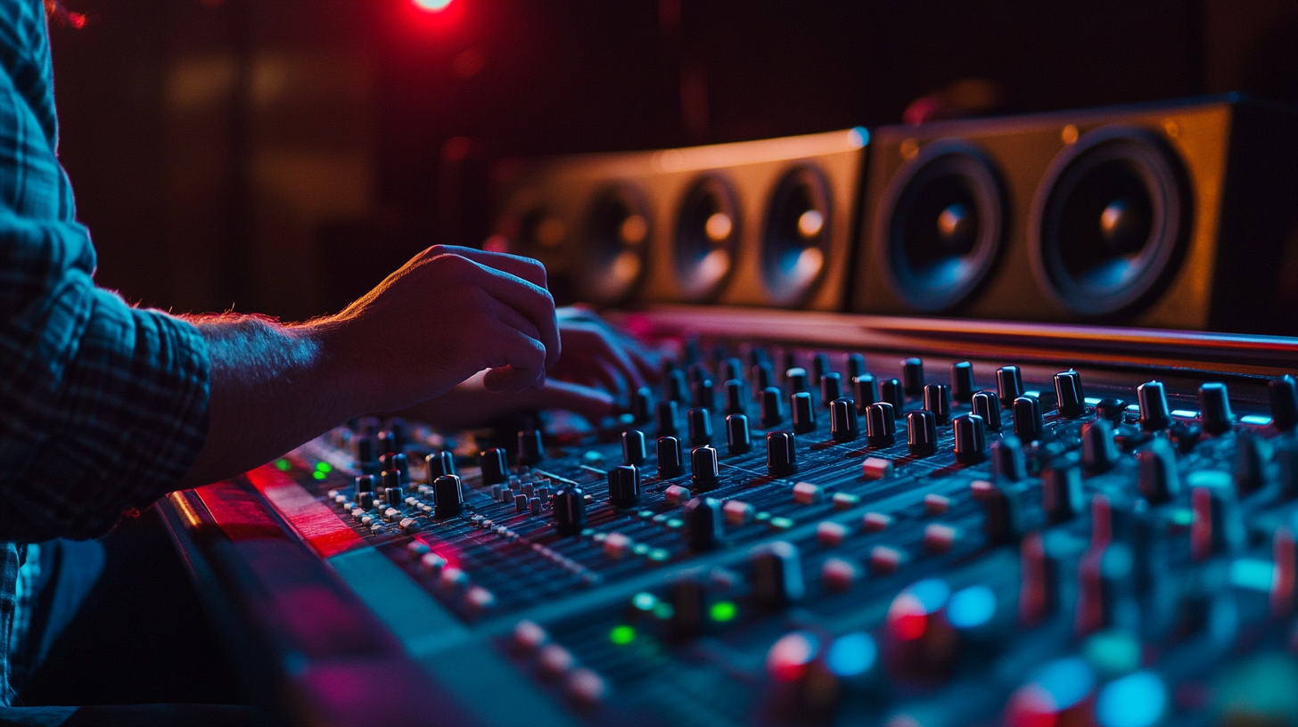 Sound engineer mixing audio channels on a studio console