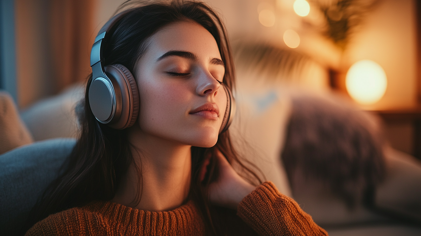Woman listening to stereo sound on headphones