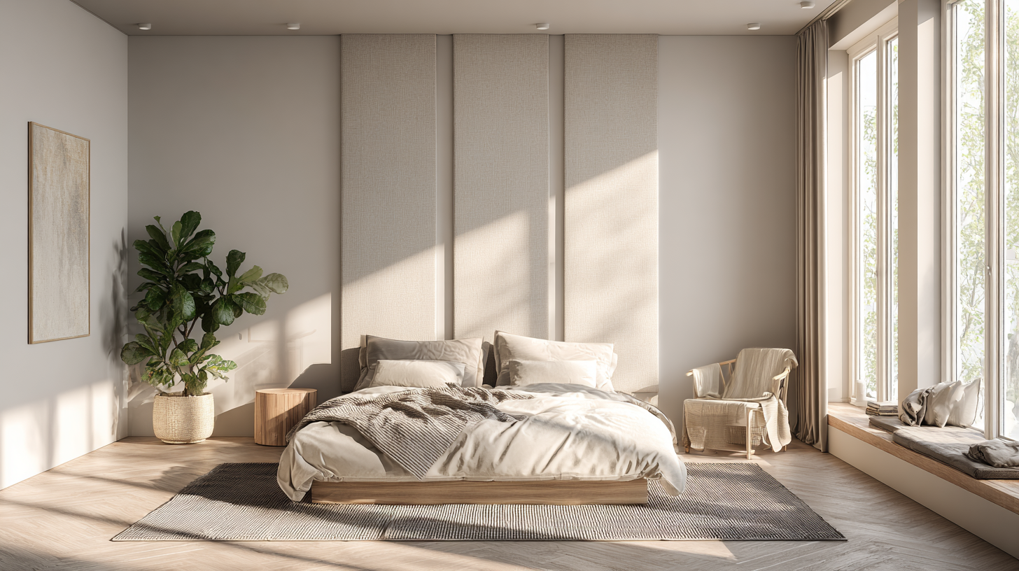 Minimalist bedroom with tall acoustic panels behind the bed