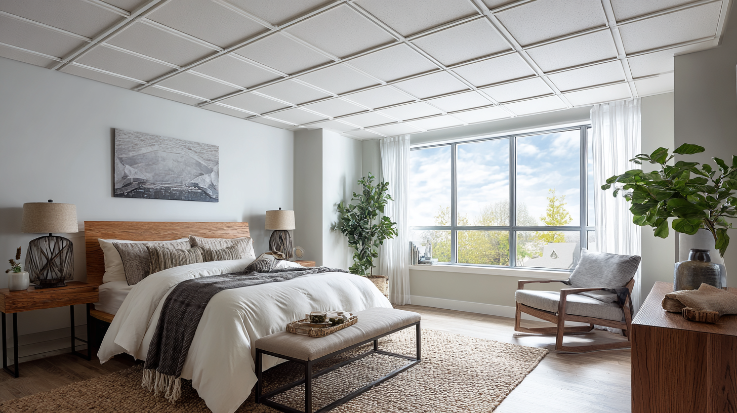 Bedroom with acoustic ceiling panels
