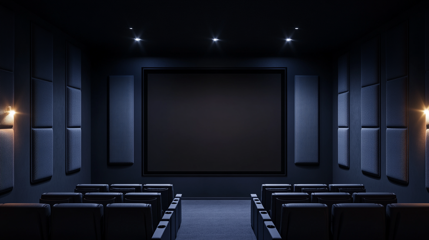 Home theater with acoustic panels on both side walls beside the screen