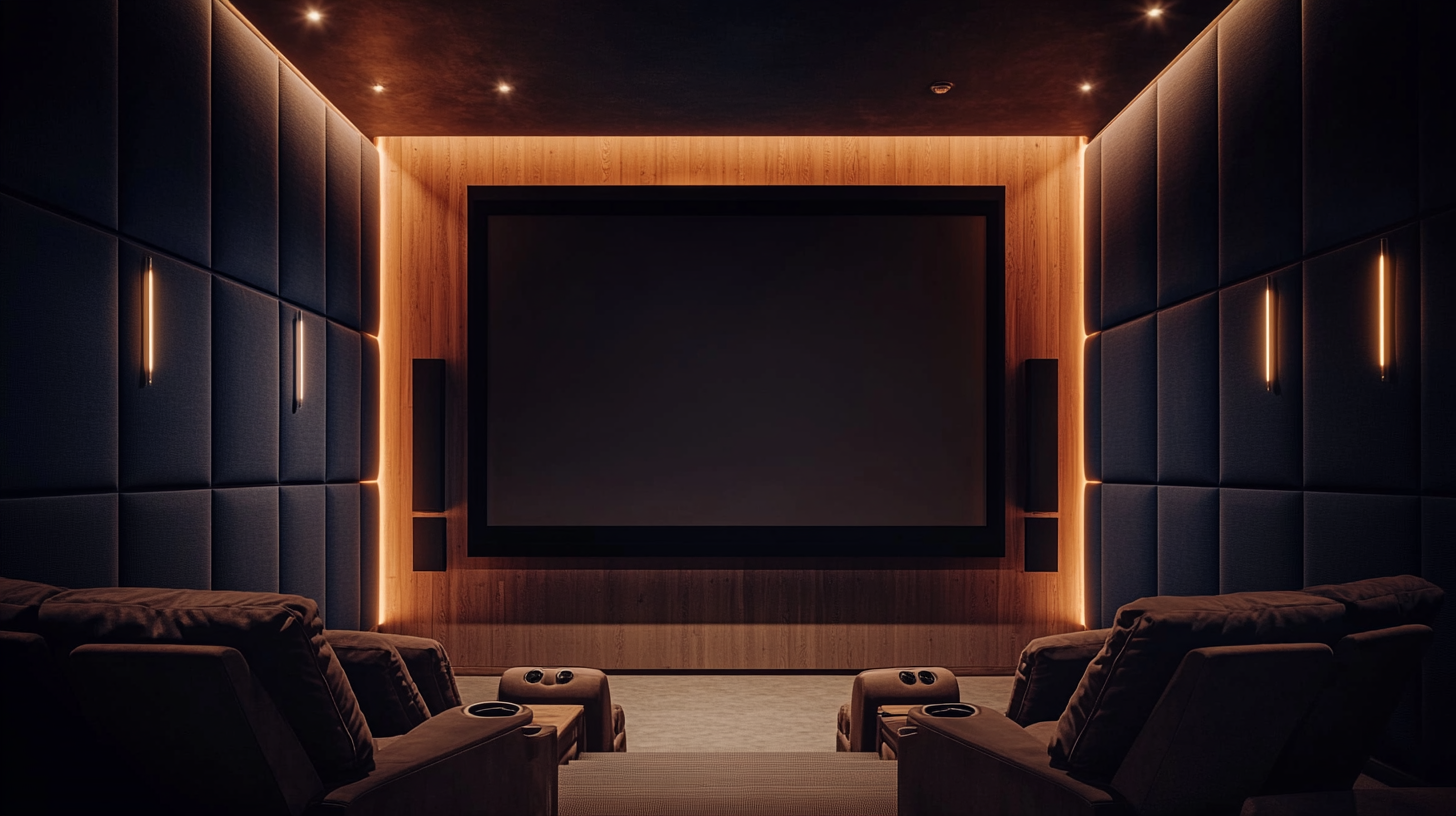 Home theater with fabric-wrapped acoustic panels across the side walls and front wall