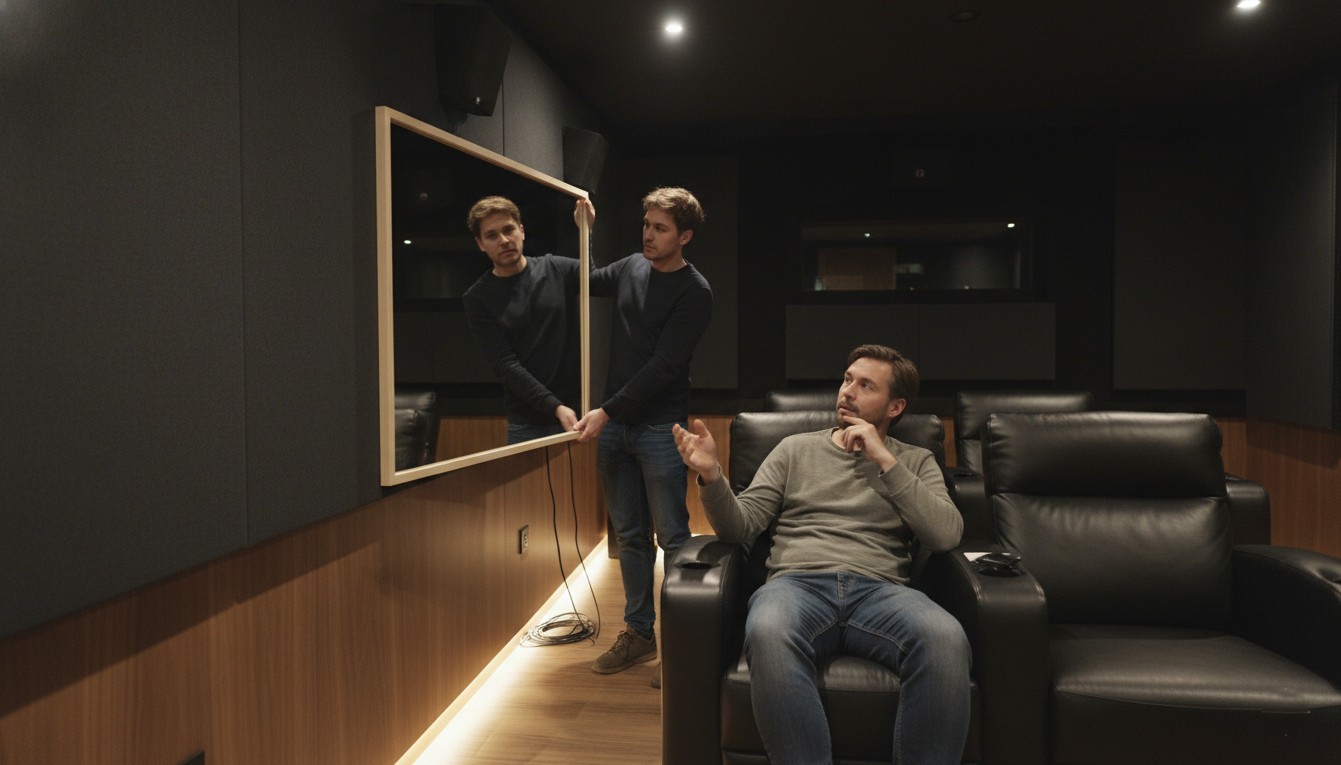 Two people using the mirror method to find a side-wall reflection point in a home theater