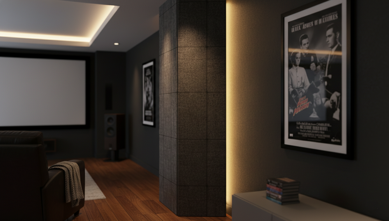 Corner bass trap mounted in a dark home theater with movie posters