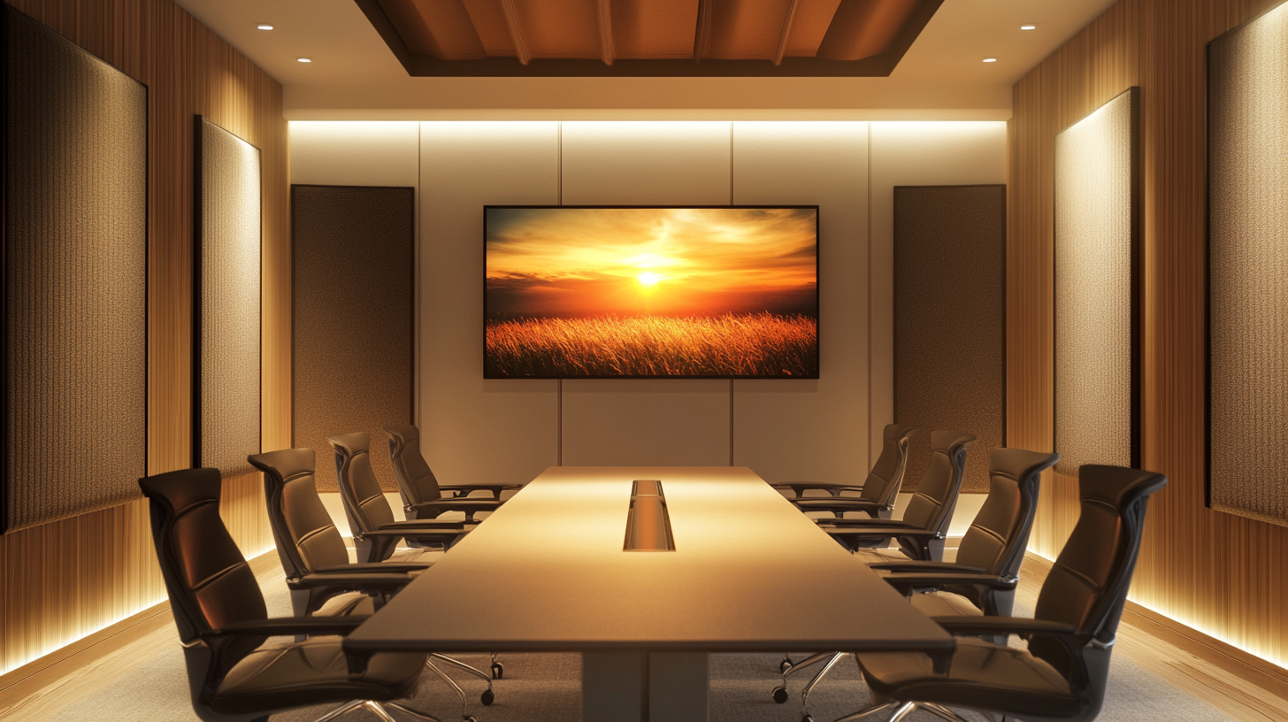 Conference room with acoustic panels on the side walls and a display