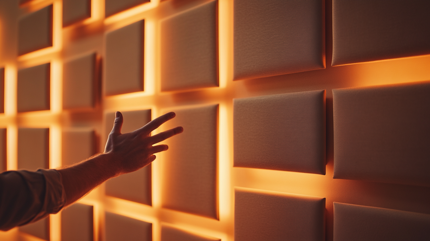 Hand reaching toward backlit fabric-wrapped acoustic wall panels
