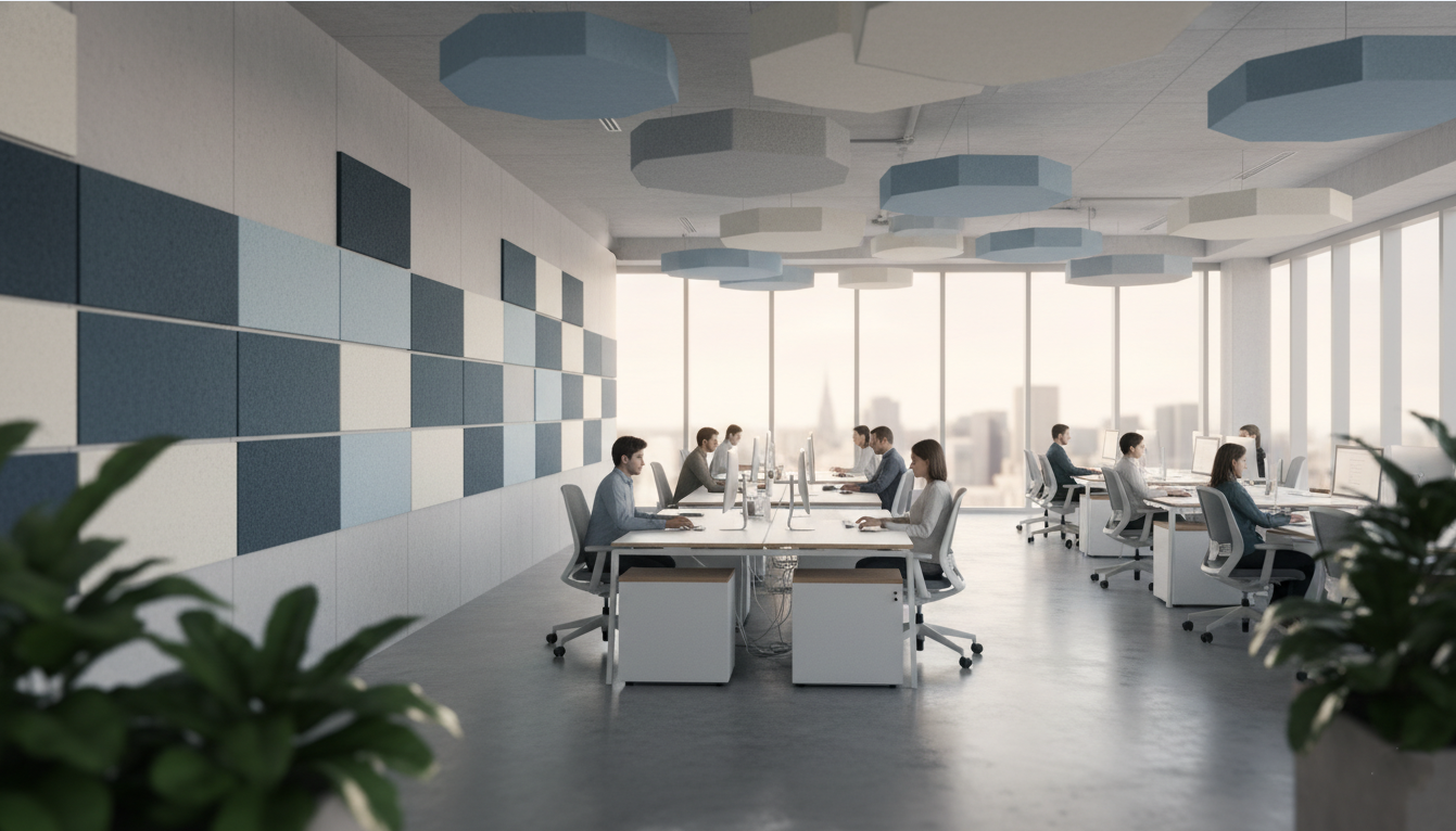 Open-plan office with wall panels and hexagonal ceiling clouds above desks