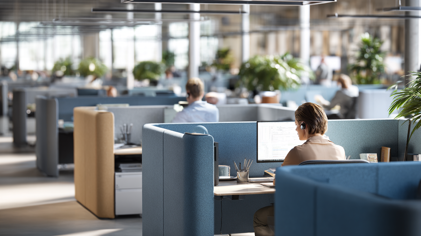Open office with upholstered desk dividers between workstations