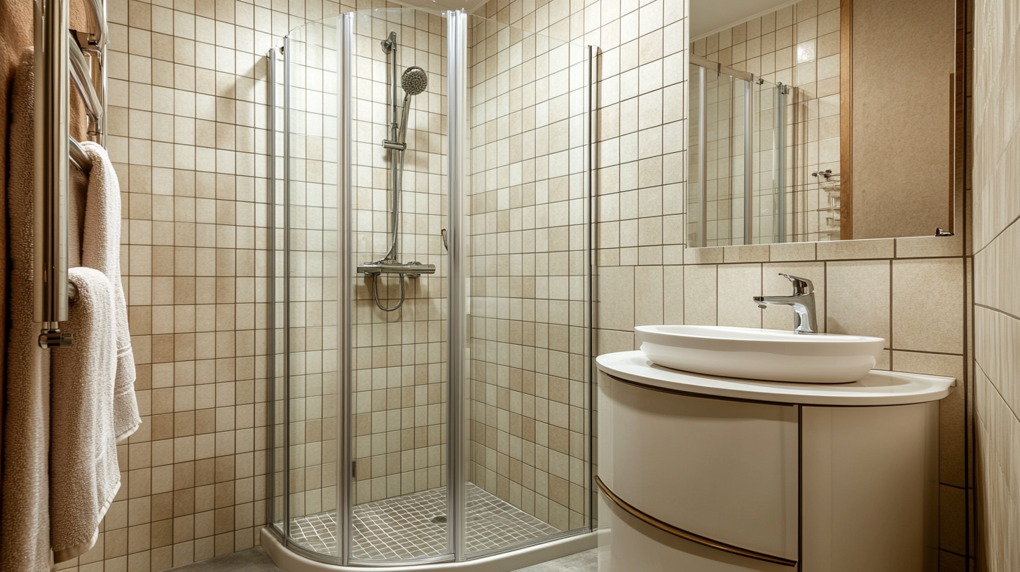 Beige tiled bathroom with glass shower and towels