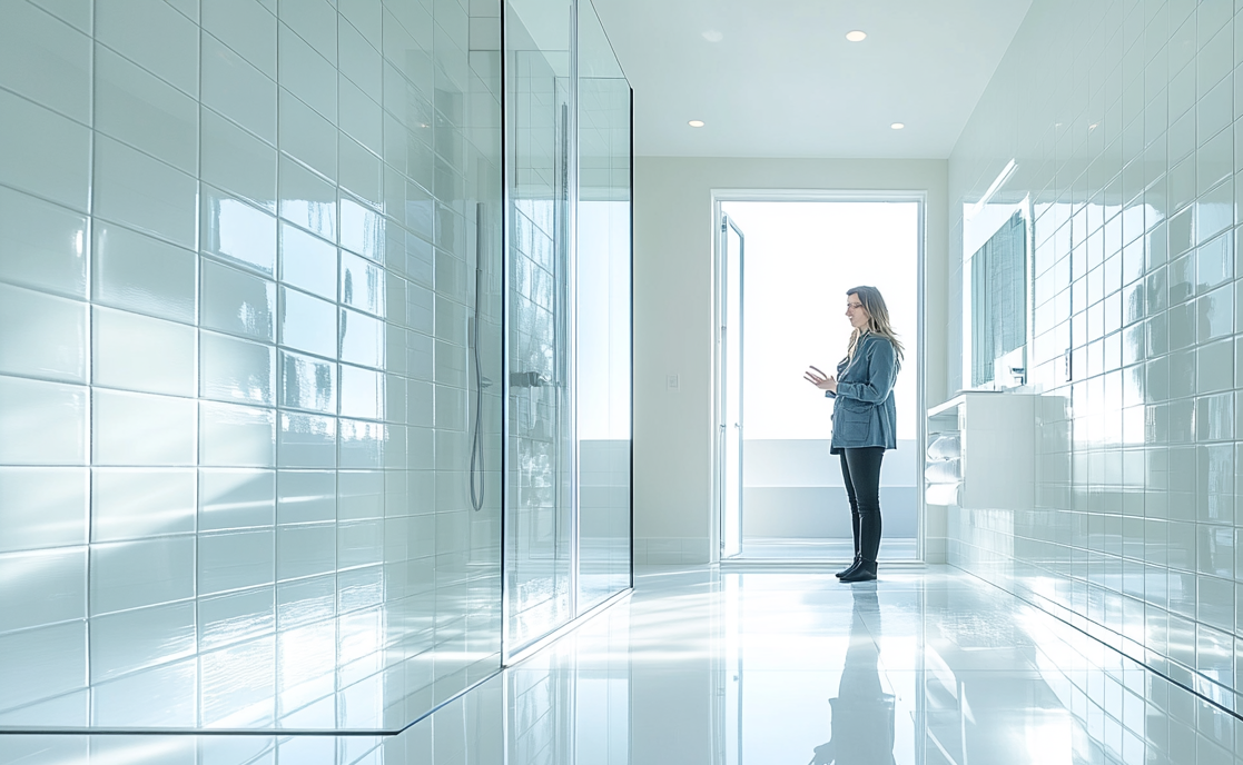 Bright bathroom with white tile walls and glass shower