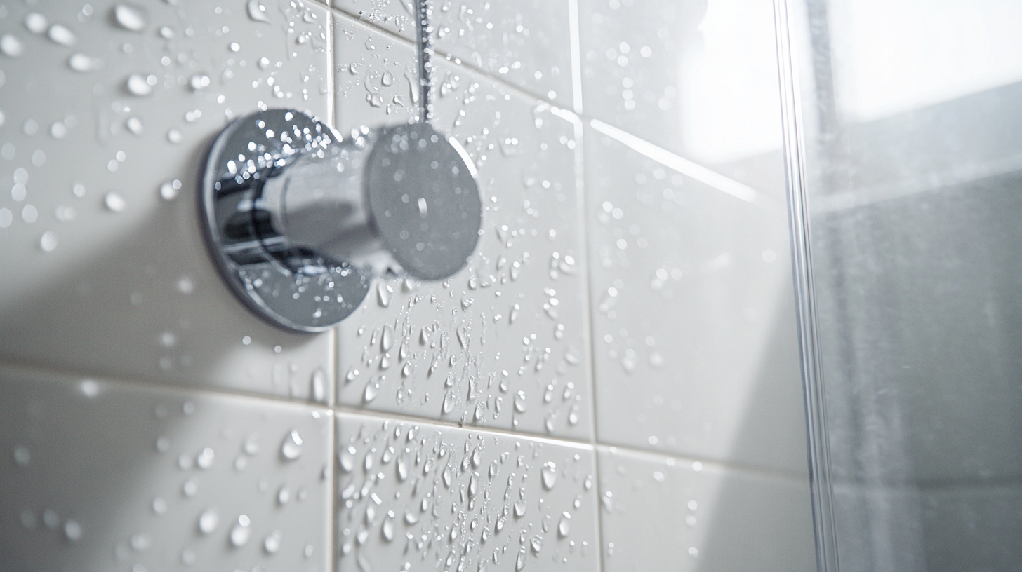 Water drops on white tile and chrome shower valve