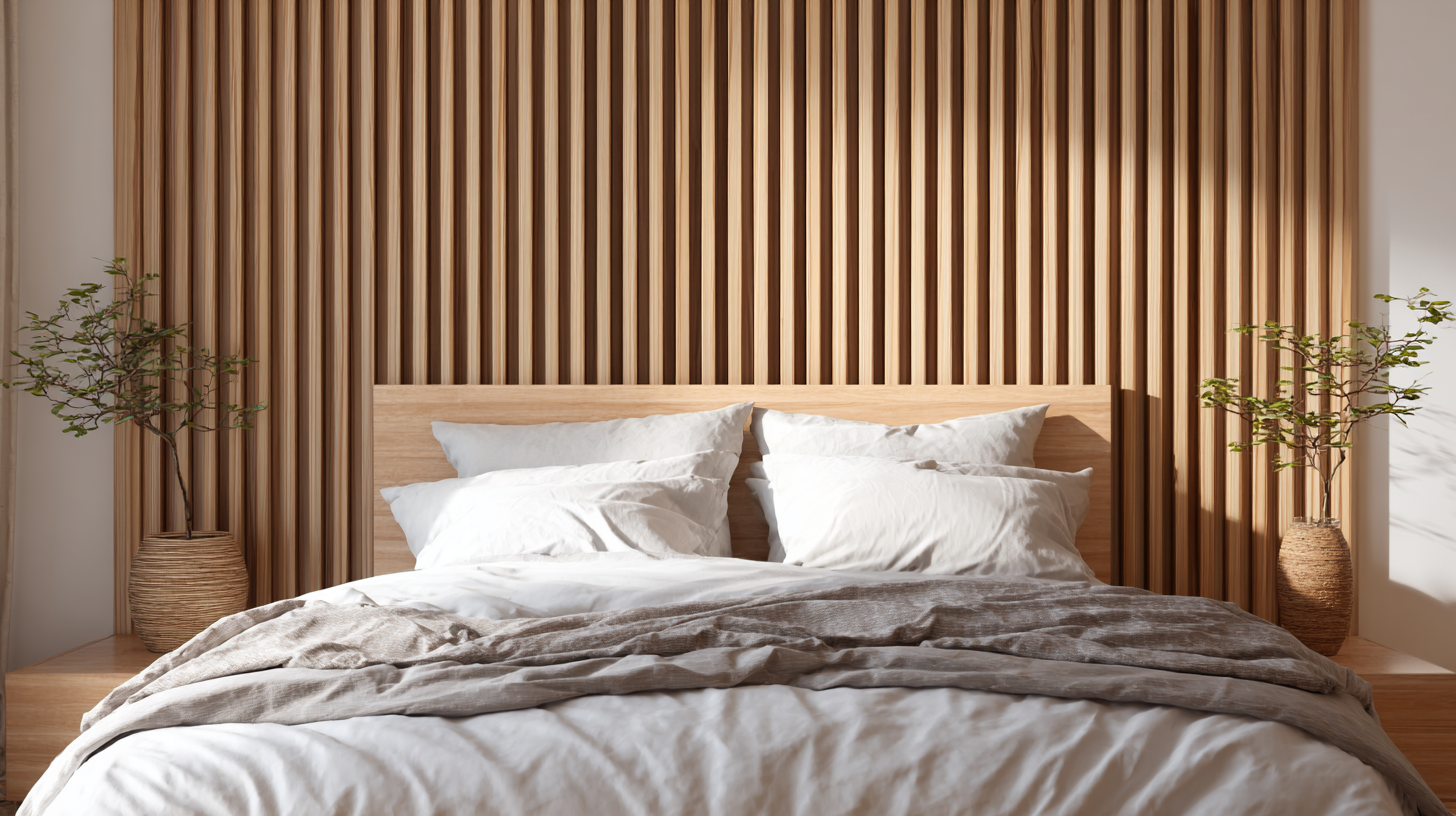 Bedroom with vertical wood slat headboard wall, white linen bedding and woven basket planters