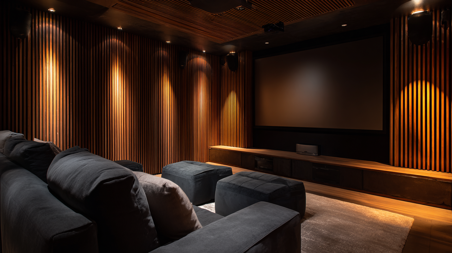 Home theater room with dark acoustic wood slat walls, recessed lighting and projection screen