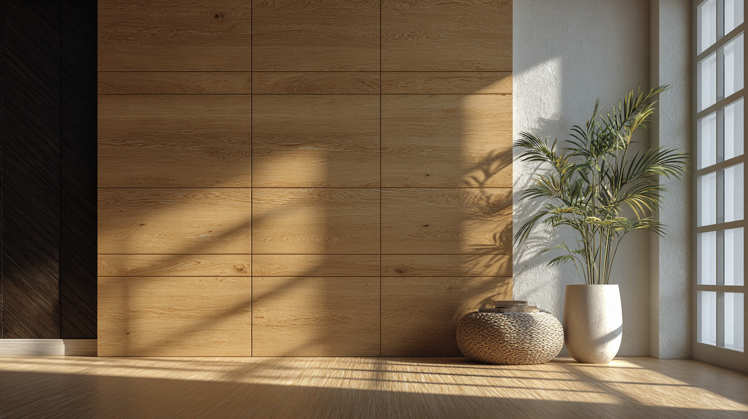 Modern interior with horizontal wood panel wall in warm oak finish, natural sunlight and indoor palm plant